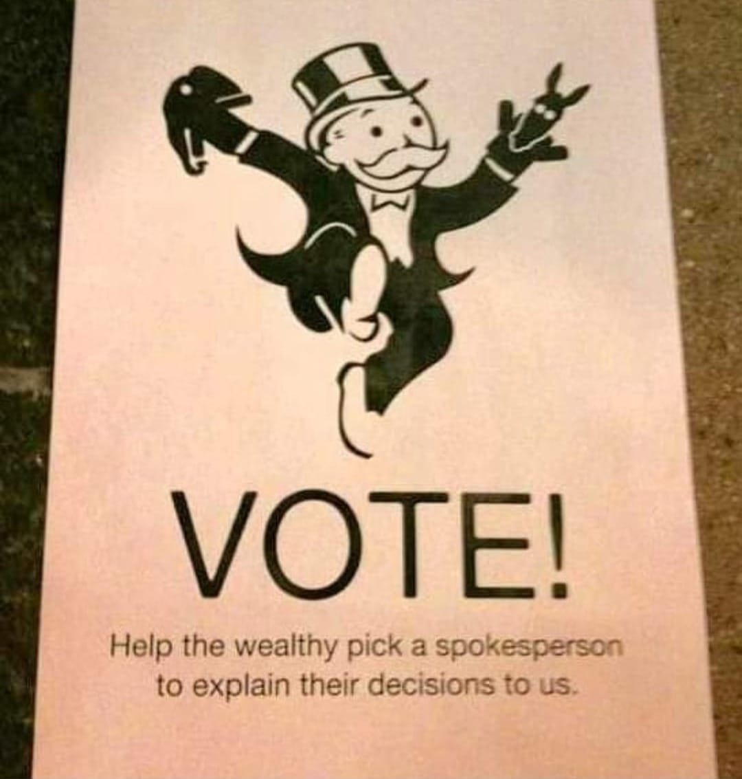 A sticker with a rich figure wearing puppets of an elephant and a donkey with the text "Vote! Help the wealthy pick a spokesperson to explain their decisions to us."